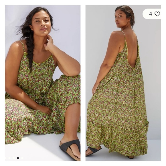 Anthropologie Green Paisley Maxi Dress Boho Flounce Lounge Beach Vacation S NWT - Picture 10 of 16